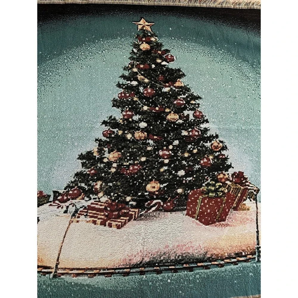 Christmas Tree Tapestry Throw Blanket Holiday Train Blue Green 58